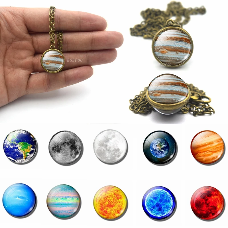 Юпитер земля Солнце Луна звезды планета полое ожерелье двойное лицо бижутерия со стеклянными кабошонами ручной работы кулон аксессуары для женщин подарок