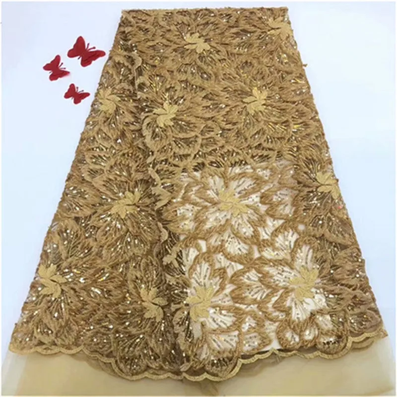 

2019 Latest French Nigerian Velvet Sequins Net Lace Gold African Tulle Mesh Sequence Lace Fabric For Party Dress 5Yards/Lot