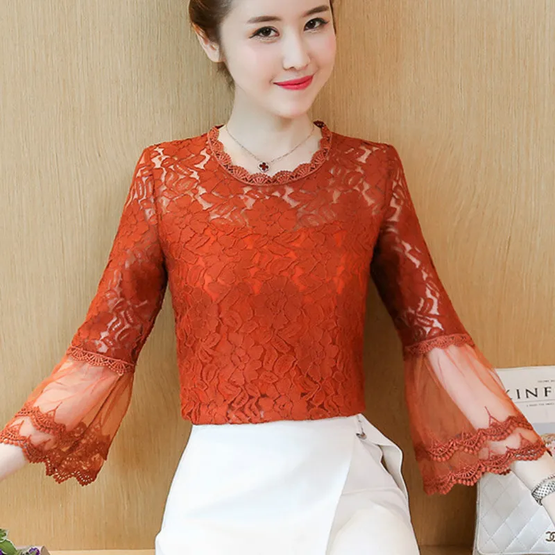 

2018 Spring Sweet 3/4 Sleeve O Neck Hollow Out Lace Blouses Women Fashion Flare Sleeve Hollow Out Lace Shirts Students Lace Tops