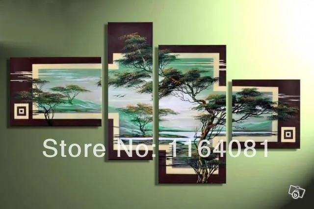 

Free shipping crafts Green spring forest quiet FlyBird home decoration abstract Landscape oil painting canvas 4pcs/set no framed