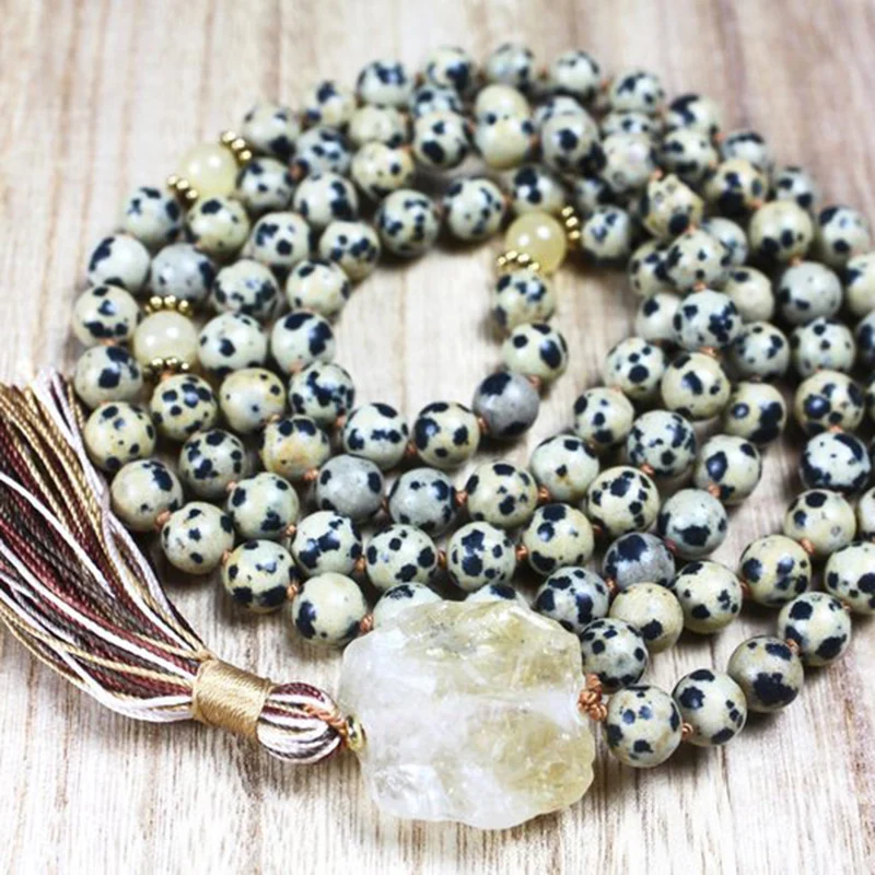 Spiritual Rough Stone Pendant Boho Jewelry Dalmatian J-asper 108 Mala Beads Collar Knotted Tassel Necklace Raw C-itrine Q-uartz | Украшения