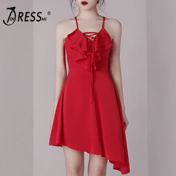 

INDRESSME New 2019 Elegant Sexy Lace Up Spaghetti Strap Asymmetrical Dress Mini Length Ruffle A Line Lady Party Dress Vestidos