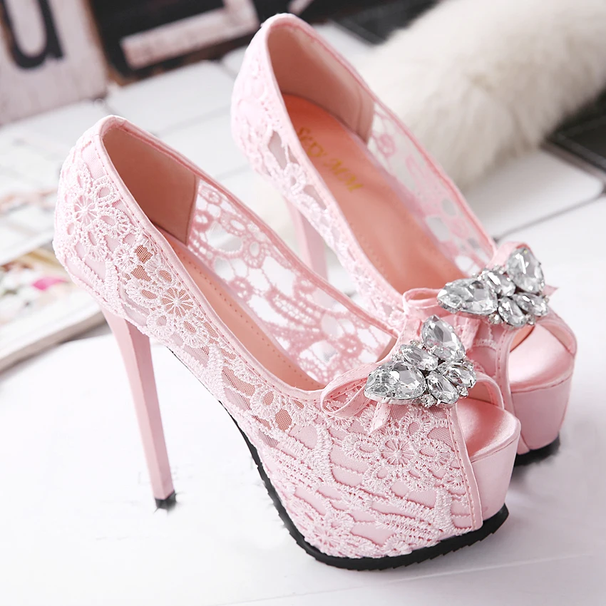 

Sexy Hollow out Lace Flower Mesh Rhinestone peep Toe High Heels Shoes Thin Heels peep toe Pumps Woman Wedding Party Shoes
