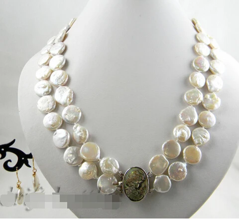 

hot > 2strands 14mm white coin freshwater pearl earring necklace Set (A0423) -Top quality free shipping