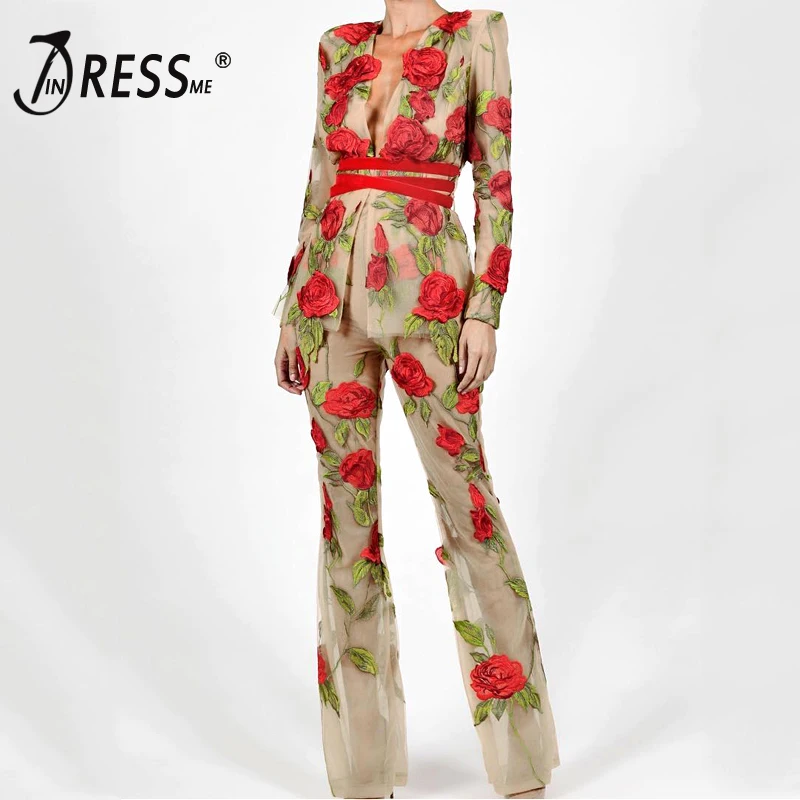 

INDRSESME Women Bandage Dress Lace Mesh Embroidery V Neck Sexy Party 2 Piece Suit Long Sleeve Club For Lady Fashion New Set