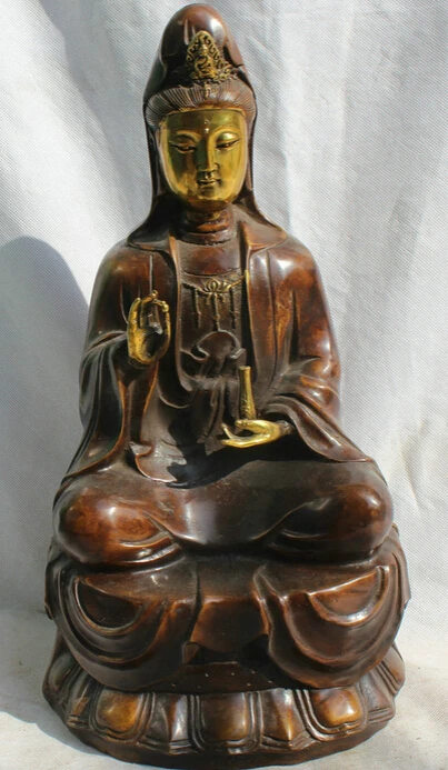 

JP S62 16" Chinese Bronze Gild seat Kwan-yin Guan Yin Boddhisattva Goddess Vase Statue