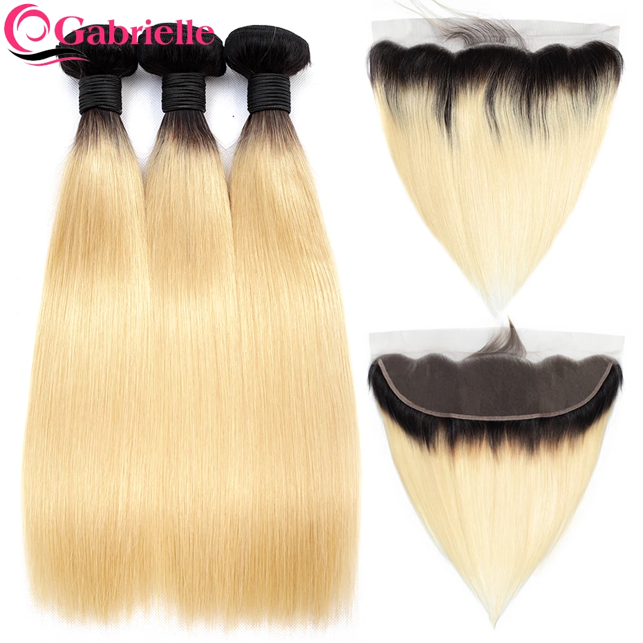 

Gabrielle Ombre 1b 613 Bundles with Frontal Blonde Brazilian Straight Human Hair Weave with Ear to Ear Frontal Non-remy 12"-24"