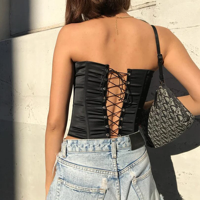 

Black Backless Crop Top Sexy Sleeveless Strapless Single-Breasted Front Criss-Cross Bandage Hollow Back Bandeau Tube Tops M43