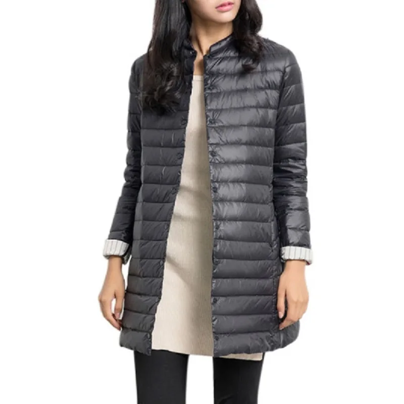 

Lightweight Down Jacket Women Long Sleeve Collarless Parkas Autumn Winter Warm Casual Wadded Button Jackets Slim Fit Coats