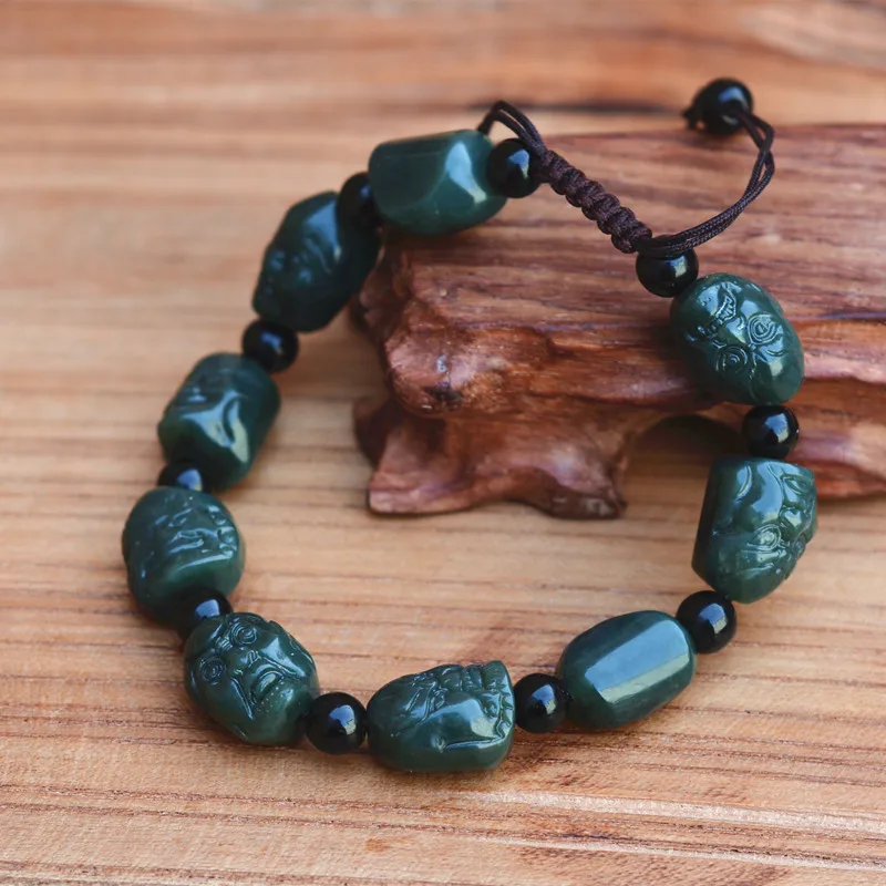 

2017 New Dark Green Natural Hetian Jade Bracelet Arhats Figure Beads Women Men's Gift Bracelets Nephrite Qing Jades Jewelry