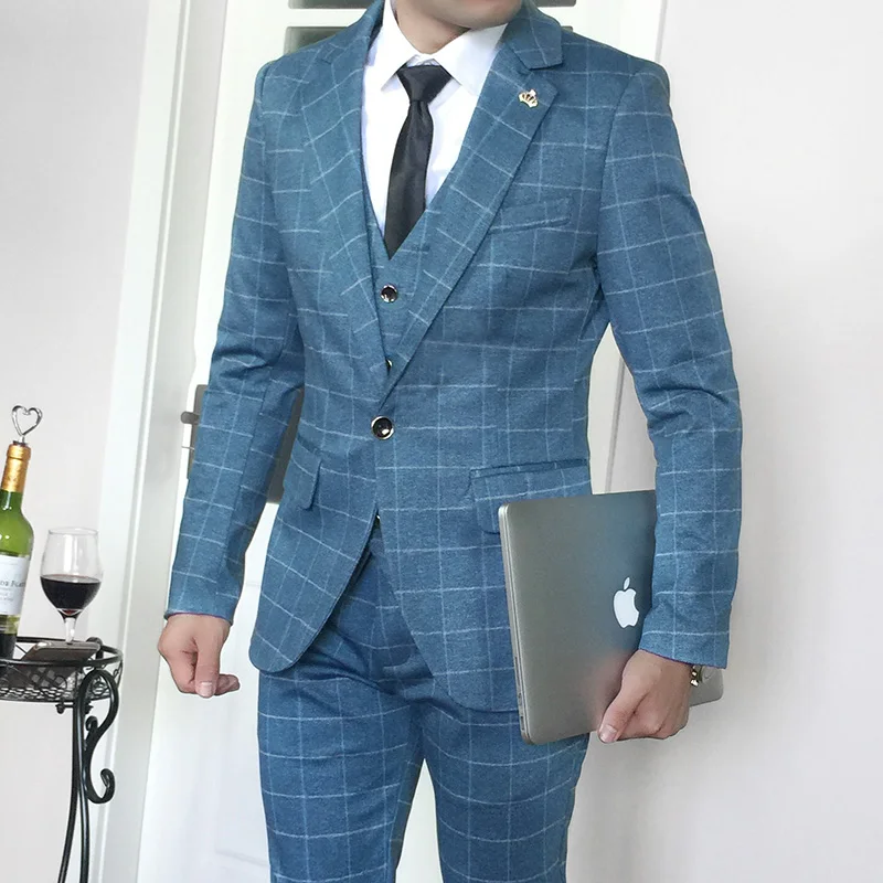 New Tweed Men Suits Plaid Terno Wedding Suit 1 Buttons Groom Tuxedos Tailored Wool Suits Custom Made (Jacket+pants+vest)