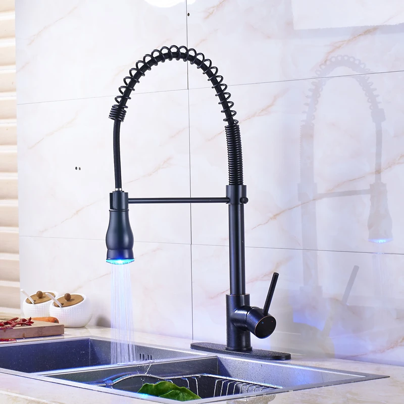 

Oil Rubbed Bronze Kitchen Sink Taps Deck Mounted Pull Down Spring Kitchen Faucet With 10"Cover Plate LED Color Changing
