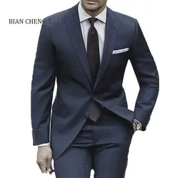 2019 Для мужчин темно-синий Нарядные Костюмы для свадьбы из 2 предметов индивидуальный заказ мужские костюмы с брюками лацканы костюмы