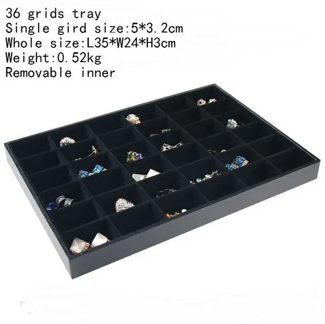 Hot Selling PU Frame Velvet Jewelry Organizer Jewellery Display Ring Box Necklace Earring Holder Various Models for Option 36 grids tray