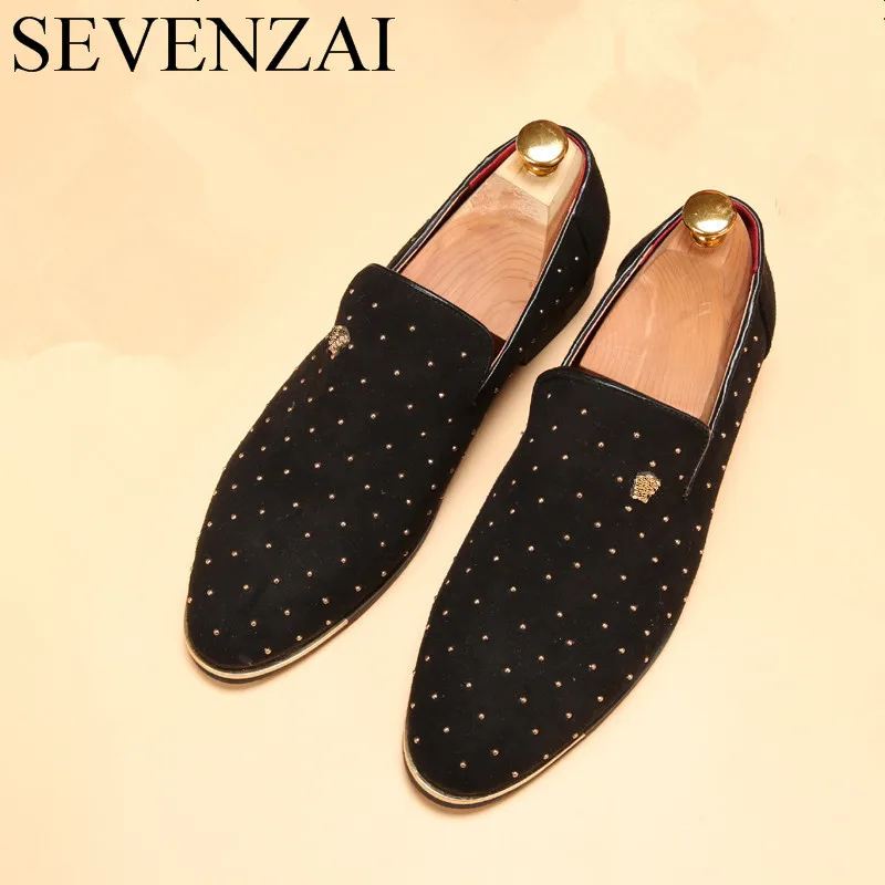 

italian elegant slip on suede leather loafer shoes for men studded footwear male spiked fashion unique pointed toe ballet flats