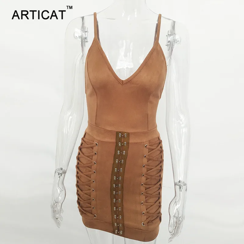 Articat Sexy V Neck Cross Bandage Bodycon Dress Women Summer Spaghetti Strap Sleeveless Mini Dresses Ladies Party Club Vestidos