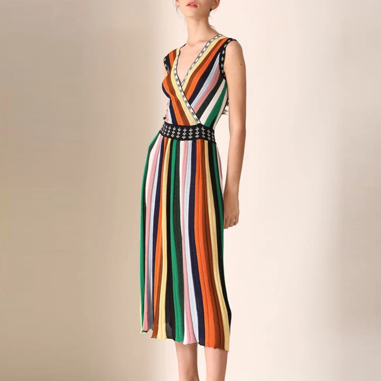 

High Quality French Fashion 2018 Summer Women's High Waist Sexy V-Neck Sleeveless Body Repair Style Striped Knitted Dress W18562