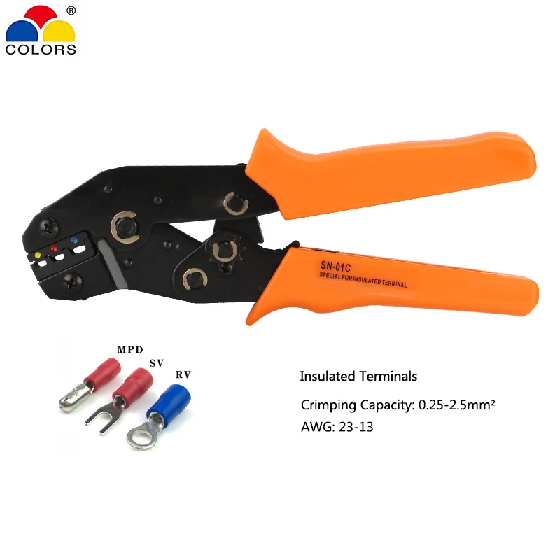 

SC-01C mini european style crimping pliers for insulated terminals Hand tools crimping capacity 0.25-2.5mm2 AWG 23-13 COLORS