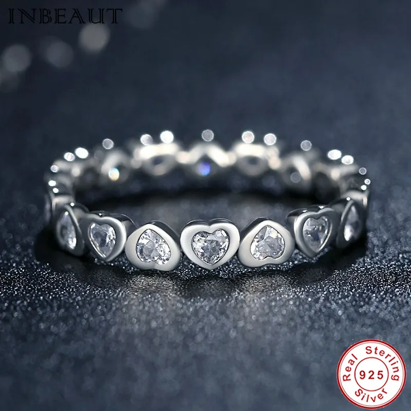

INBEAUT Real 925 Sterling Silver Linked Love Ring with Clear CZ Heart Charms End to End Forever Lover Symbol Wedding Rings Gfit