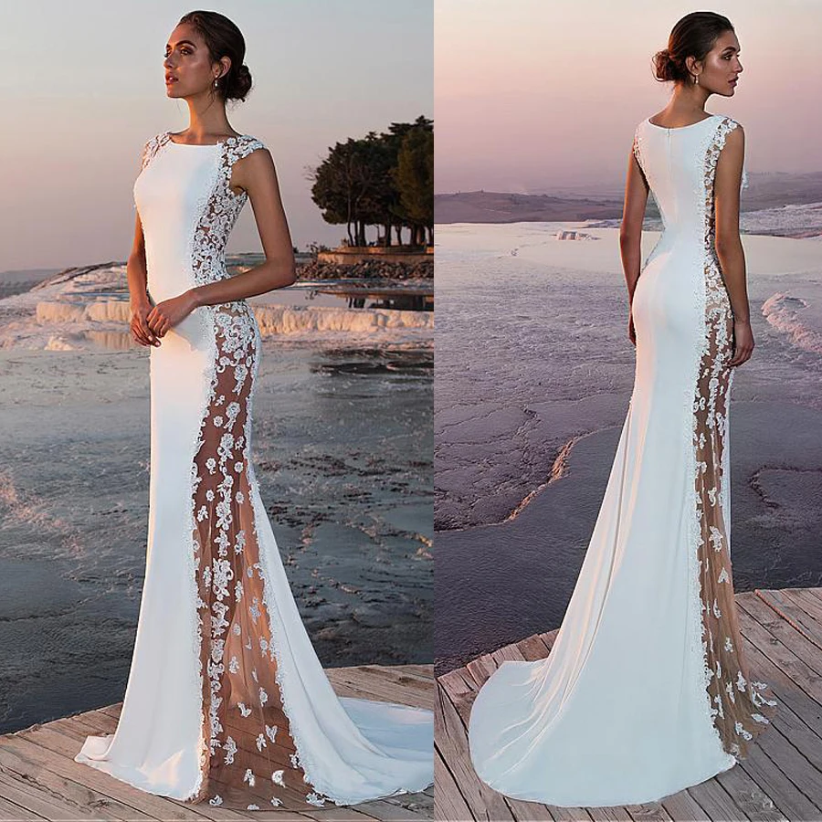 

Fabulous Stretch Satin Bateau Neckline See-through Cutout Side Mermaid Wedding Dress With Beaded Lace Appliques Bridal Dress