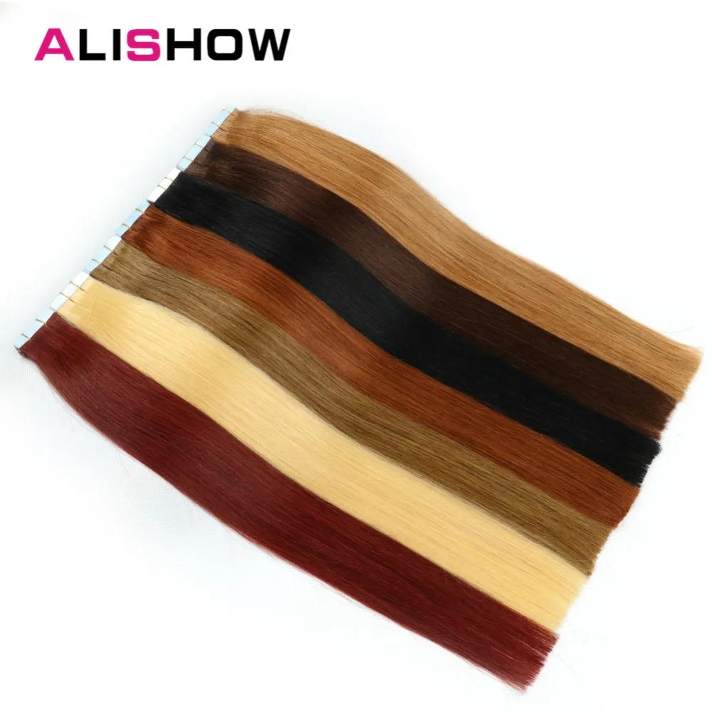 Alishow Tape In Remy Human Hair Extensions Double Drawn Remy Hair Straight Invisible Skin Weft PU Tape On Hair Extensions