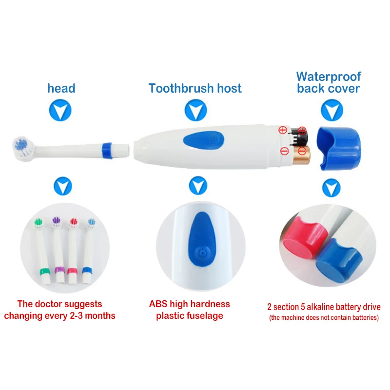 1 комплект Водонепроницаемая электрическая зубная щетка на батарейках без подзарядки с 4 сменными головками синий/розовый для взрослых и детей