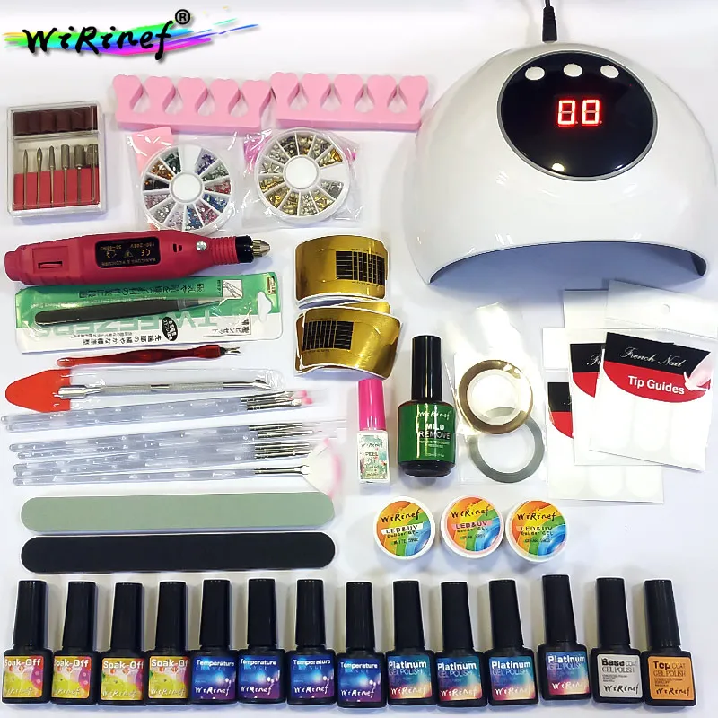 

WiRinef 12pcs Nail Gel Polish Set With Base Top Coat UV LED Lamp Dryer Mini Electric Manicure Polisher Manicure Tools Nail Set