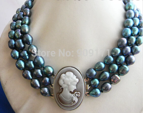 DYY 3Strands 18'' 10MMX13MM Black Rice Freshwater Pearl Necklace |