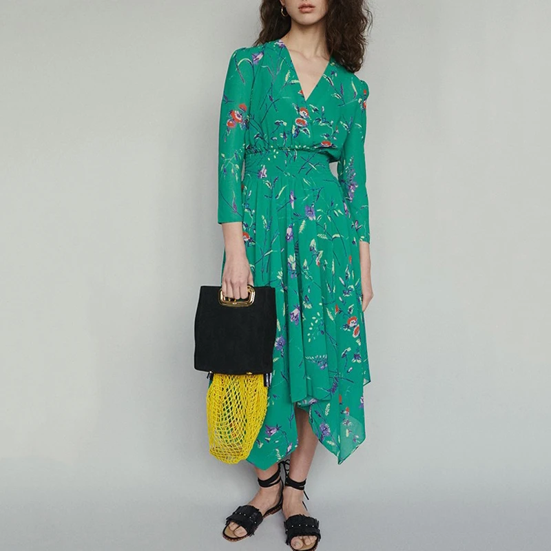 

High Waist Women Dress Designer 2019 Summer V Neck Print Dresses