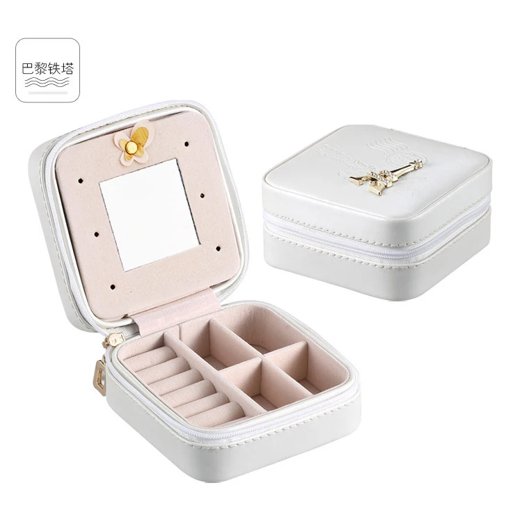 Корейский креативный органайзер для ювелирных изделий, портативный кожаный браслет-кольцо, серьги, дисплей, ящик для хранения, чехол с зеркалом - Цвет: White