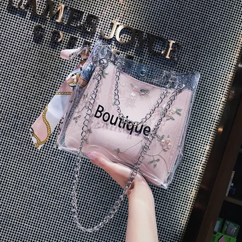 

Fashion Composite Bags Clear Transparent PVC Shoulder Bags Lace bag Jelly chain female bags Single Bag