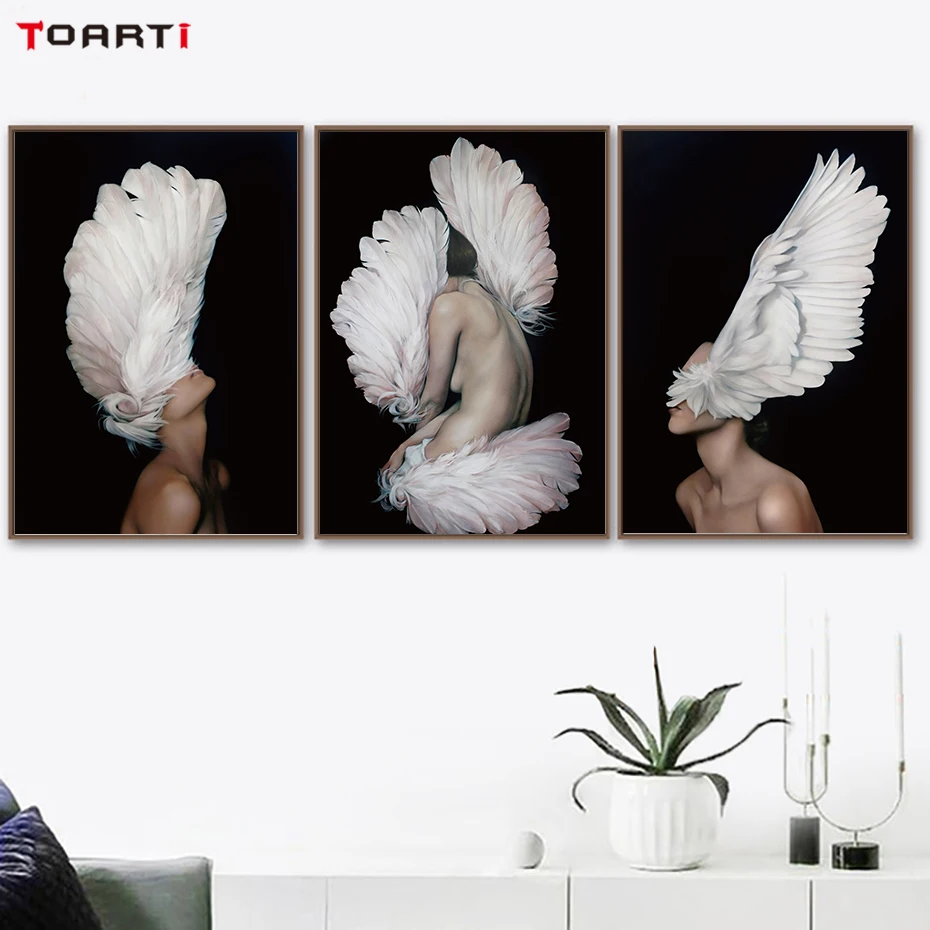 

modern White feather abstract woman wall art canvas painting fashion body poster and print for girls room living room home decor