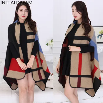 

Shawl Scarf Women 2019 Autumn Winter Poncho Vintage Blanket Lady Knit Shawl Cape Cashmere Classic plaid style thick Warm Scarf