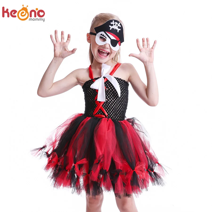 

Girls Pirate Wench Tutu Dress with Skull Mask Petti Style Fluffy Halloween Tulle Dress Kids Fancy Photo Prop Dress Up Costume