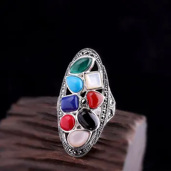 

Hot Sale Royal Classic Lady Colorful Gem Ring Women's Real Silver Ring Retro S925 Sterling Silver Jade Silver Ring