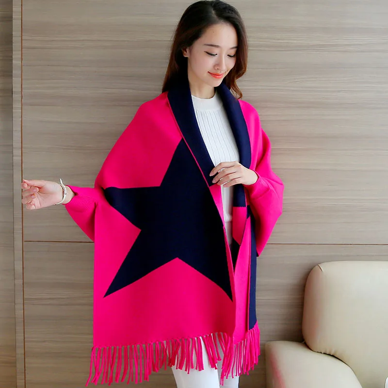 women's doubles new winter long knitted shawl cardigan sweater coat surface wear long sleeve cloak tassel knitwear star print