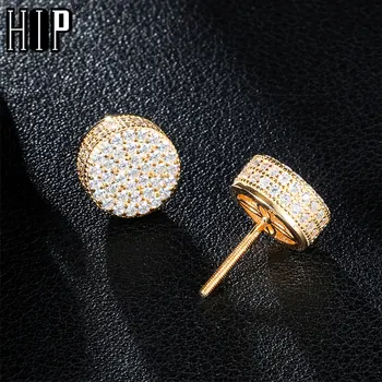 

Hip HOP 1Pair Micro Full Paved Rhinestone Zircon CZ Stone Round Bling Iced Out Stud Earring Gold Copper Earrings For Men Jewelry