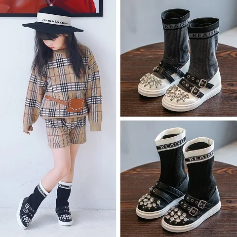 

Spring/autumn/winter girls' boots, knitted fabrics, high boots, vamp drills, and comfortable and fashionable Korean princes