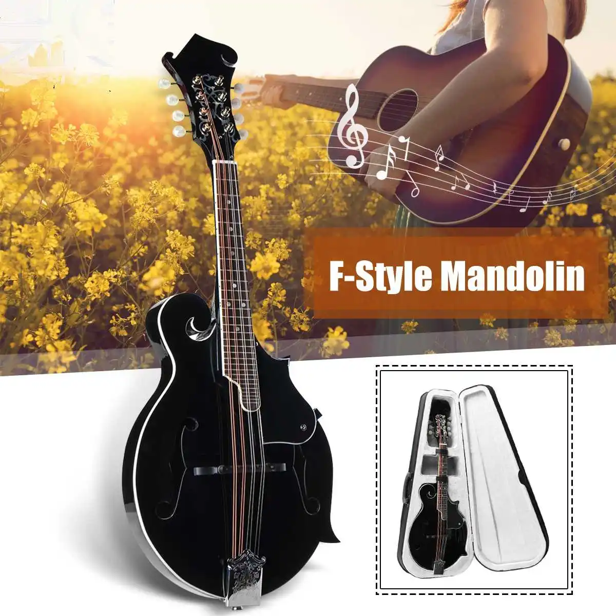 

F Style 8 Strings Black Mandolin With Rosewood Steel String Adjustable Bridge Music Instrument With Bag And 2 Picks