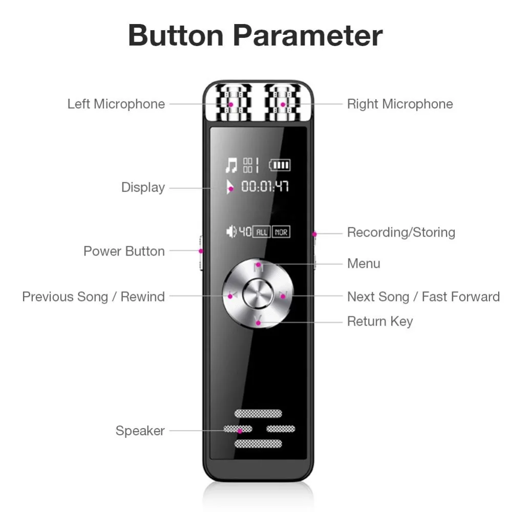 16GB Digital Voice Recorder Dual Microphone Dictaphone Sound Activated Recording Meeting Class With WAV,MP3 Player