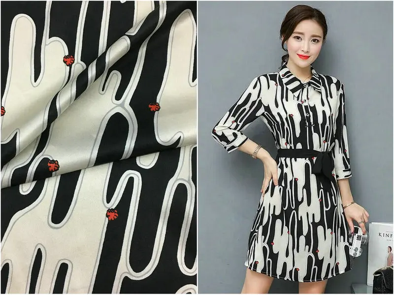 

19mm 140cm wide 97% silk & 3% spandex cactus print stretch silk satin fabric for dress shirt clothes cheongsam black wine red