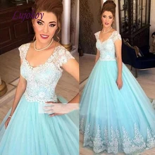Светло-Небесно-голубое кружево пышные платья бальное платье Тюль Плюс Размер 15 16 милое платье Выпускные платья