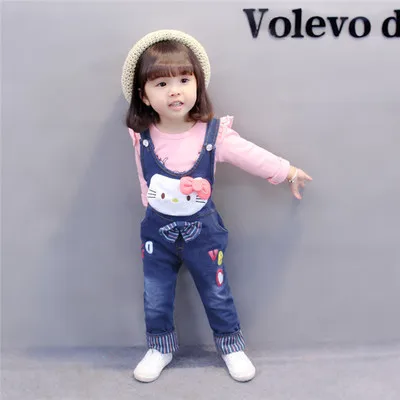 Комплект для маленьких девочек на весну и осень с милым рисунком кота, футболка с длинными рукавами+ джинсовый комбинезон, комплект из двух предметов для малышей