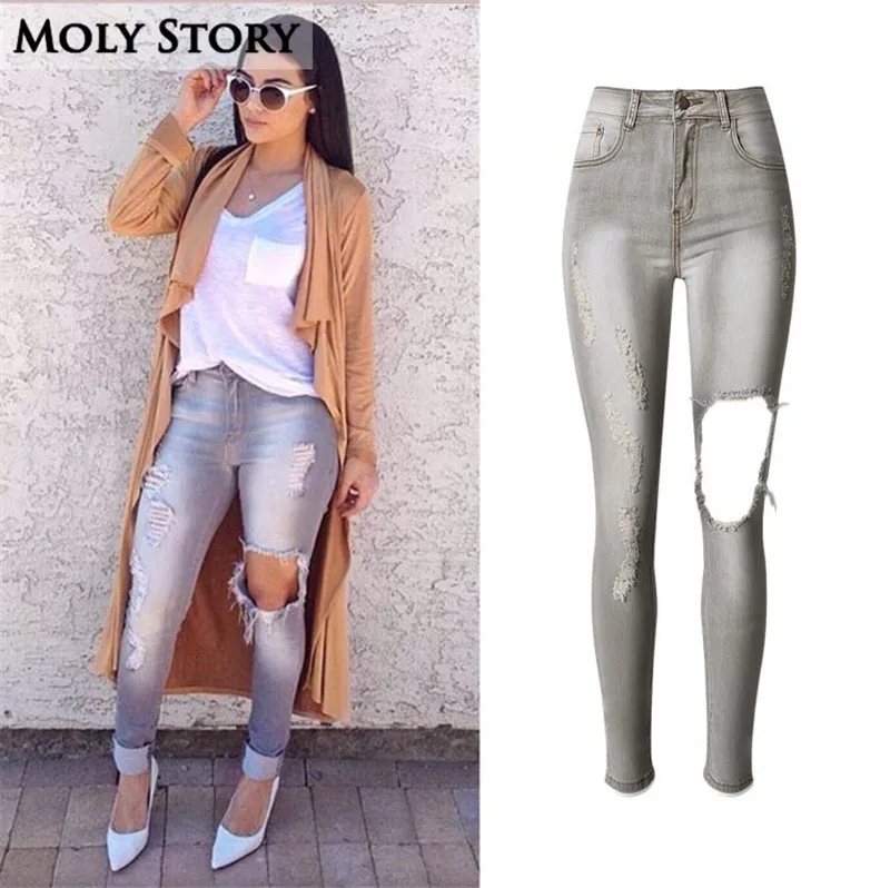 

Ladies Stretch Ripped Distressed Jeans Women Skinny High Waist Jeans Femme Plus size Denim Pants with Holes Pantalones Mujer