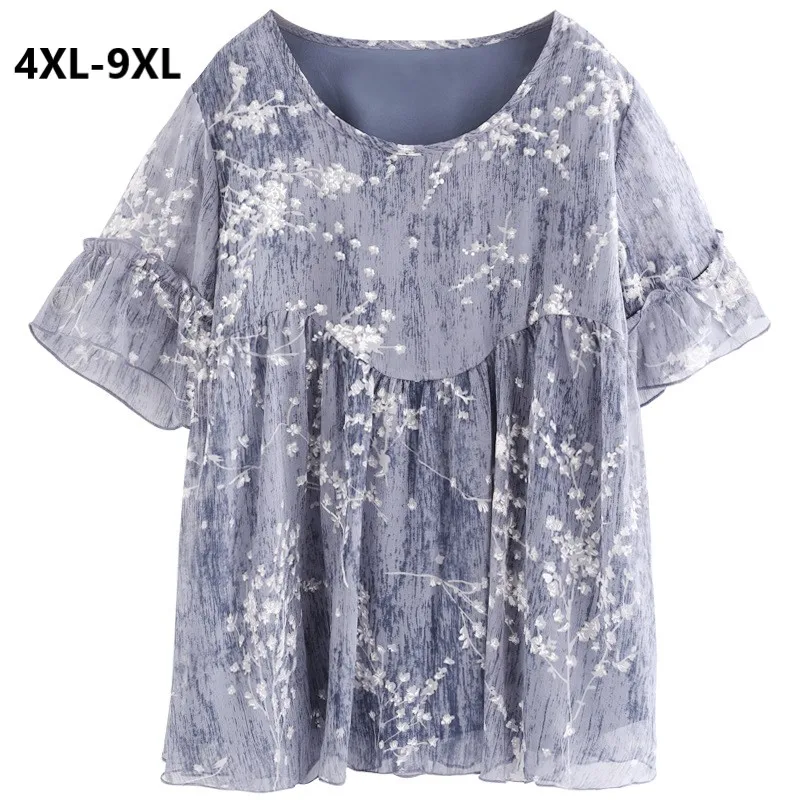 

Plus Size 9XL 8XL 6XL 4XL Women Short Flare Sleeves T-shirt Summer Elegant Floral Printed Cute Tops Loose Tee Shirts For Female
