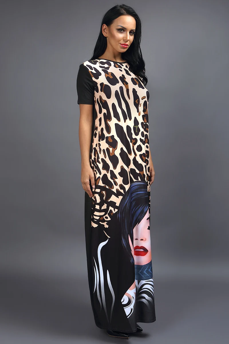 Kostlich Women Dress O-Neck Leopard Beauty Face Print Dress Sexy Women Maxi Long Dresses Plus Size Loose Casual Womens Clothing (13)