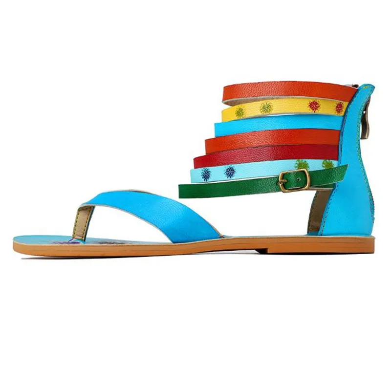 

Summer Bohemia retro Genuine leather color stripes comfortable Roman sandals Large size flat with women's sandals Flip Flops