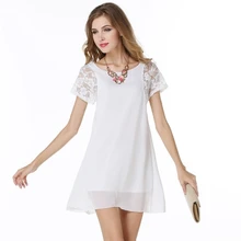 Lace Sleeve Patchwork Chiffon Dress Hollow Out 2017 Summer Dress Women Short Sleeve O-Neck A-Line Mini Party Dresses Plus Size