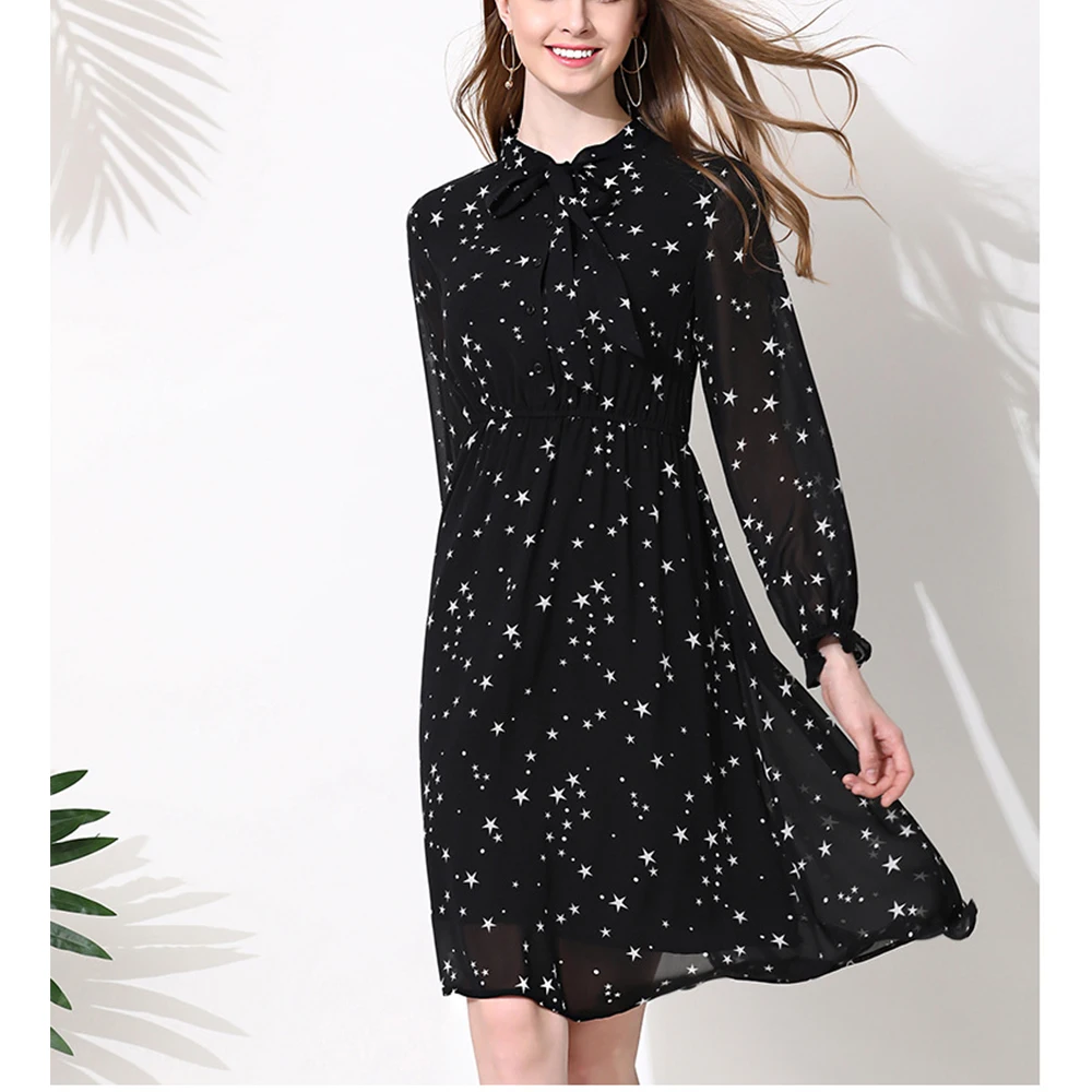 

Women Summer Chiffon Dress Long Sleeve Boho Print Dress Casual Beach Maxi Dress Elegant Black Party Dresses New Office Dress