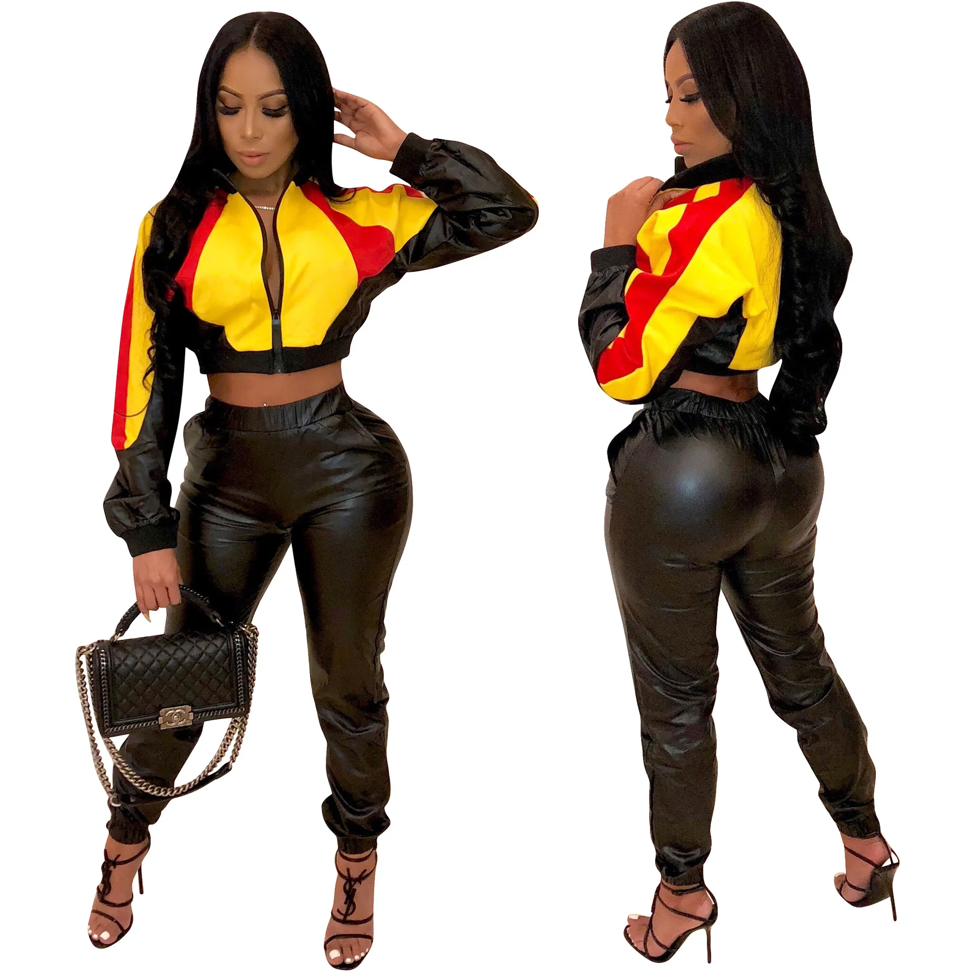 

New Winter Faux Leather PU Patchwork Women's Tracksuits Sporty Jackets Pencil Long Pants Two Pieces Sets Outfits Suits CM297